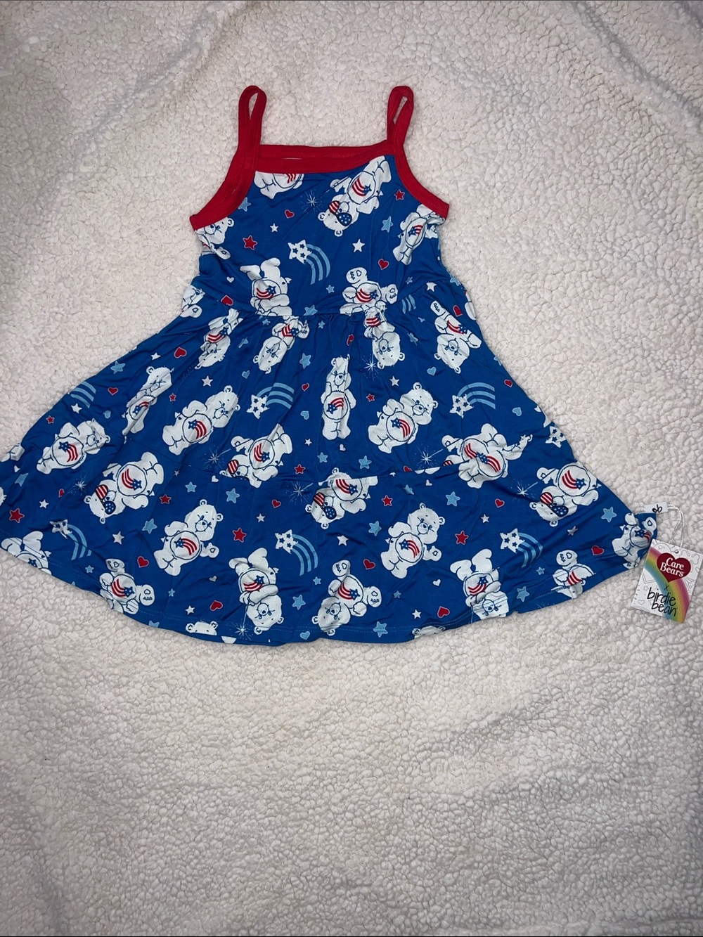 America Girls Blue Bear-Print Summer Dress with Red Trim /Care Bears
